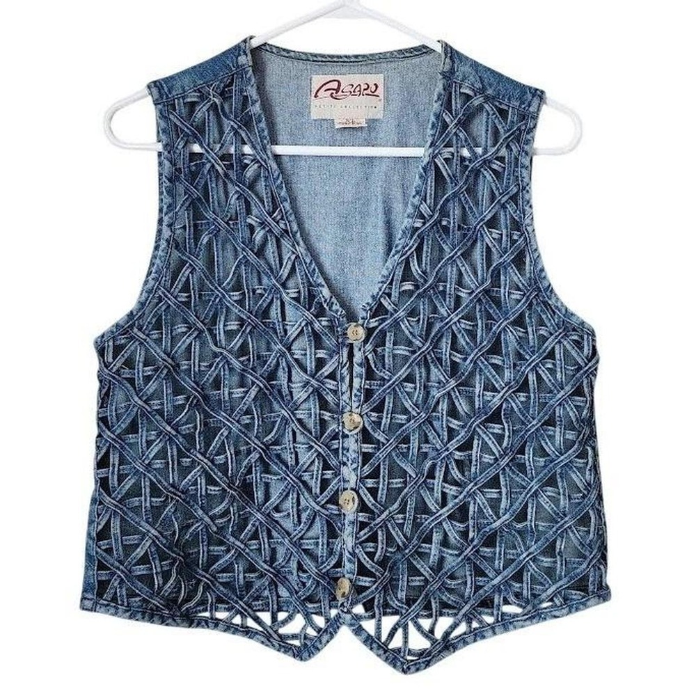 ASAPO Vintage Denim Lattice Weave Button Front Vest Blue Boho Y2K PL